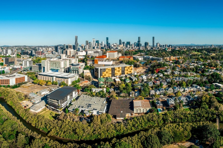 Aerial view of Botanic Gardens and Brisbane City, Brisbane, Queensland © Tourism and Events Queensland