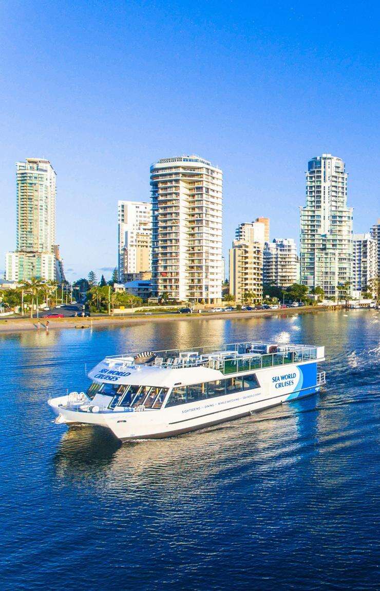 A ferry cruising along the river with the Gold Coast skyline in the background, Queensland © Sea World Cruises