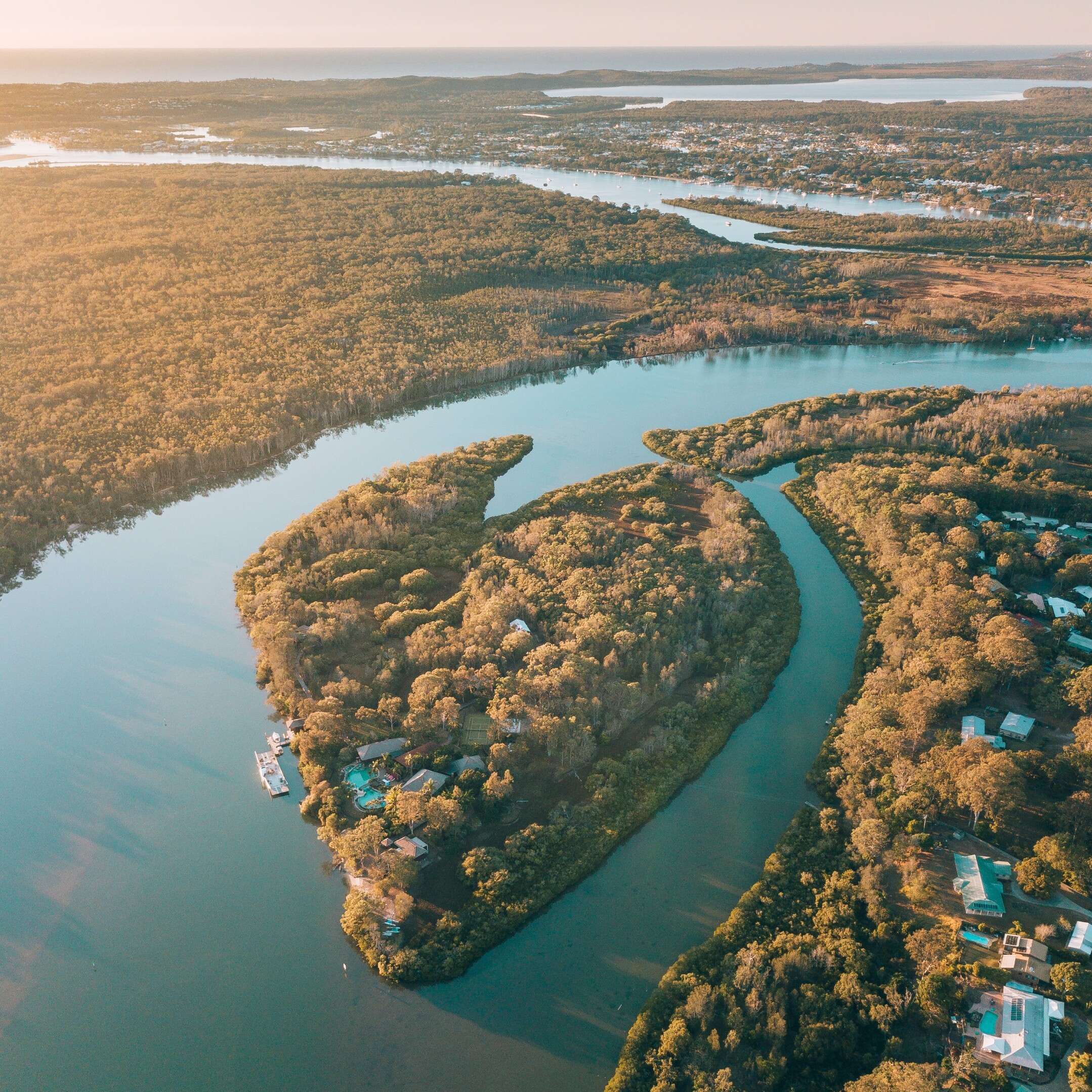 Aerial view of Makepeace Island, located in the Noosa River, Queensland © Visit Noosa