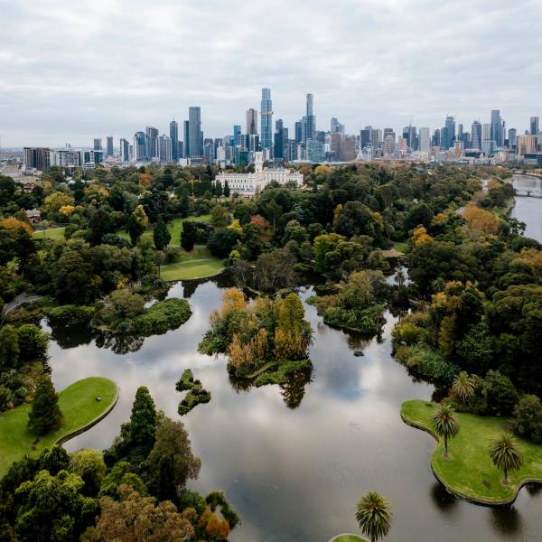 An aerial view overlooks ornamental lakes and lush gardens with the city skyline rising in the background, Royal Botanic Gardens, Melbourne, Victoria. © Ain Raadik