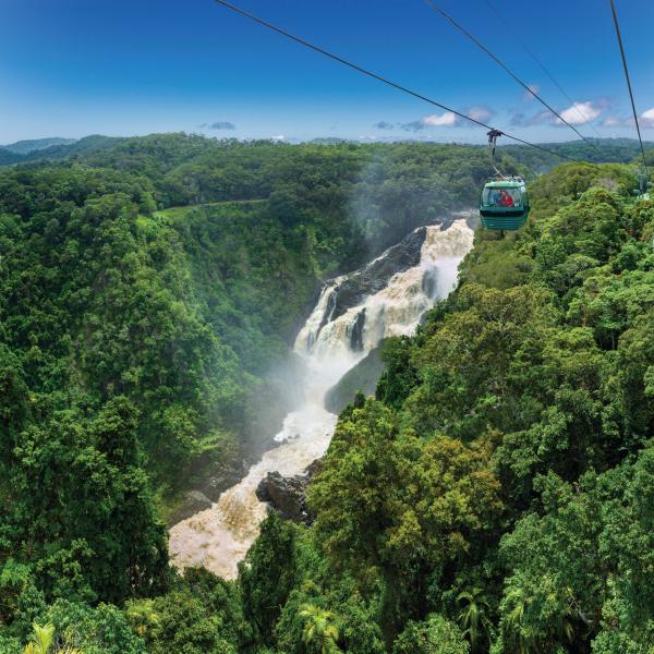 A green Skyrail Cableway gondola glides over a dense tropical rainforest canopy near the roaring, mist-veiled torrents of Barron Falls, Cairns, Queensland. © Brad Newton