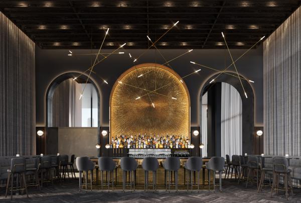 A dramatic hotel bar featuring a glowing golden arched alcove behind neat rows of stools and geometric lighting, voco Melbourne Central, Melbourne, Victoria. © Daniel Tran