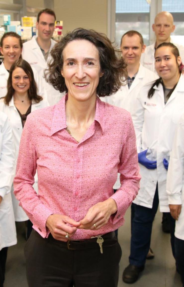 Sally Dunwoodie stands proudly in front of her team of researchers wearing white lab coats in a modern laboratory at the Victor Chang Cardiac Research Institute, Sydney, New South Wales. © Australia Unlimited