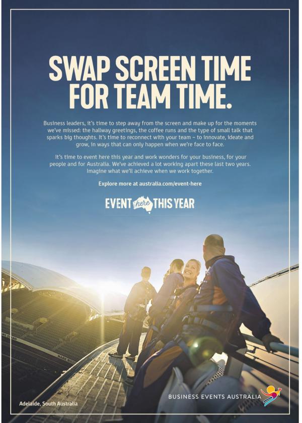 A promotional poster by Business Events Australia showcases participants on the Matagarup Bridge climb in Perth, Western Australia, with bold text urging viewers to swap screen time for team time. © Tourism Australia
