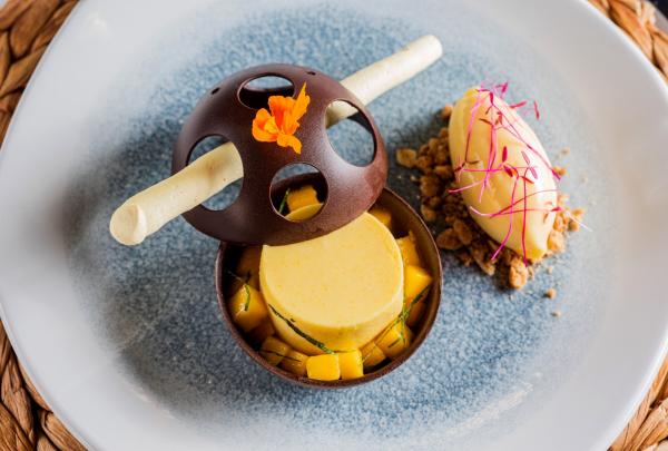 A gourmet tropical mango dessert is artistically crafted with a chocolate dome and quenelle on a blue plate at Cairns Convention Centre, Cairns, Queensland. © Cairns Convention Centre