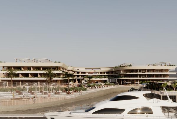 A luxurious resort precinct featuring open balconies and palm trees fronts a marina with a white yacht, designed for Ritz Carlton, Gold Coast, Queensland. © Ritz Carlton