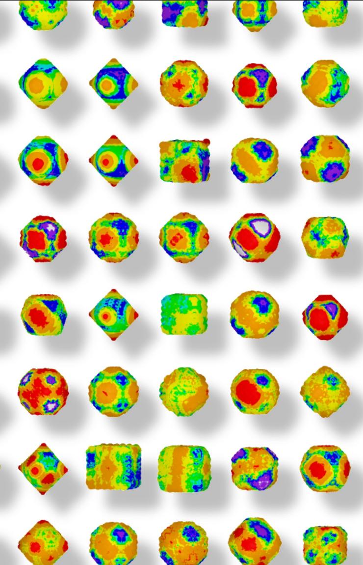 A grid of colourful heat-mapped geometric nanodiamond 3D models casts soft grey shadows against a white background. © Dr Amanda Barnard