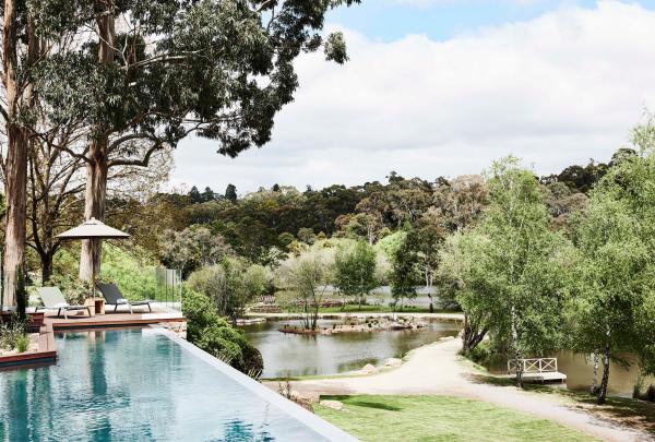 An infinity pool overlooks a tranquil lake surrounded by lush green trees and winding pathways at Lake House, Daylesford, Victoria. © Lisa Cohen