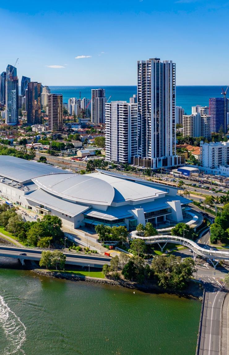 An aerial view over the Gold Coast Convention and Exhibition Centre at Broadbeach, Gold Coast, Queensland © Tourism Australia 