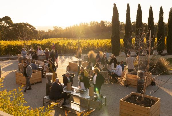 Guests gather on a sunlit outdoor patio next to golden vineyards for Tasting Australia during a warm afternoon event in Adelaide, South Australia. © Duy Dash