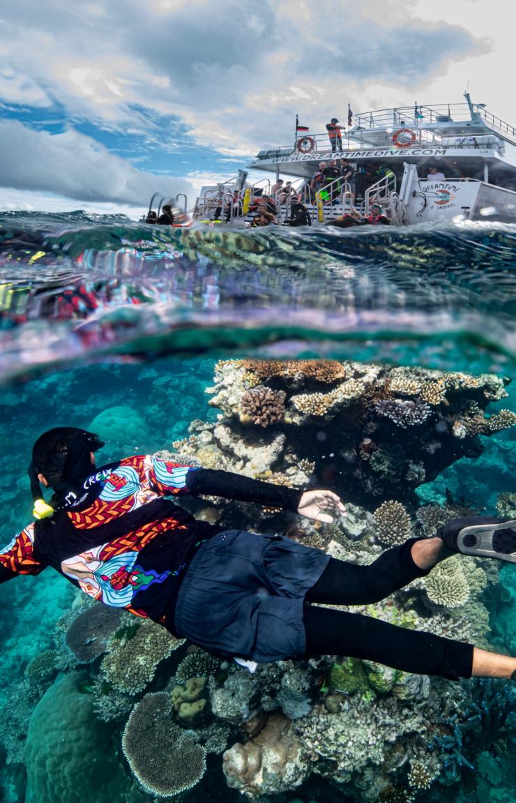 A split-water shot shows a snorkeller swimming over vibrant coral reefs while a boat rests above, with Dreamtime Dive and Snorkel in Cairns, Queensland. © Tourism and Events Queensland