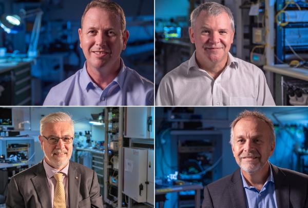 Four headshots in a grid feature founders of Finisar. Top left: Dr Glenn Baxter; top right: Mr Andrew Bartos; bottom left: Dr Simon Poole; bottom right: Dr Steven Frisken. © Prime Minister's Prizes for Science/ Wildbear