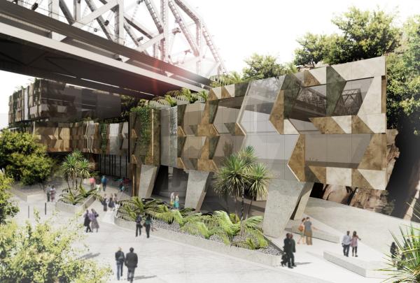 Architectural rendering of modern geometric buildings with lush greenery nestled beneath a massive bridge structure at Howard Smith Wharves in Brisbane, Queensland, featuring strolling pedestrians. © Howard Smith Wharves