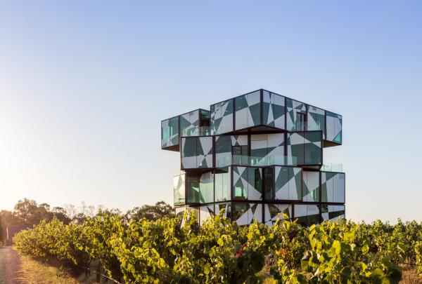The avant-garde d'Arenberg Cube rises above lush green vineyard rows under a clear sky, d'Arenberg, McLaren Vale, South Australia. © d'Arenberg