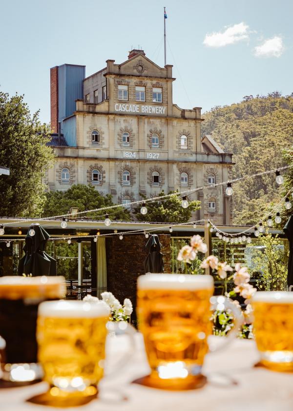 Frothy glass mugs of fresh beer sit in the foreground, with the historic sandstone facade of Cascade Brewery in Hobart, Tasmania, framed by green hills and festive string lights under a bright sky. © Cascade Brewery