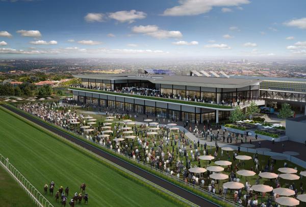 Spectators gather on a multi-level grandstand balcony and lawn filled with parasols overlooking a green racetrack as horses run past, Winx Stand, Royal Randwick, Sydney, New South Wales. © Randwick Racecourse