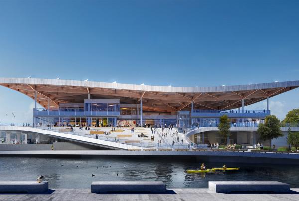 Architectural rendering of the modern Sydney Fish Market expansion in Sydney, New South Wales, featuring a sweeping timber roof, outdoor seating, and kayakers on clear harbour waters. © Sydney Fish Market