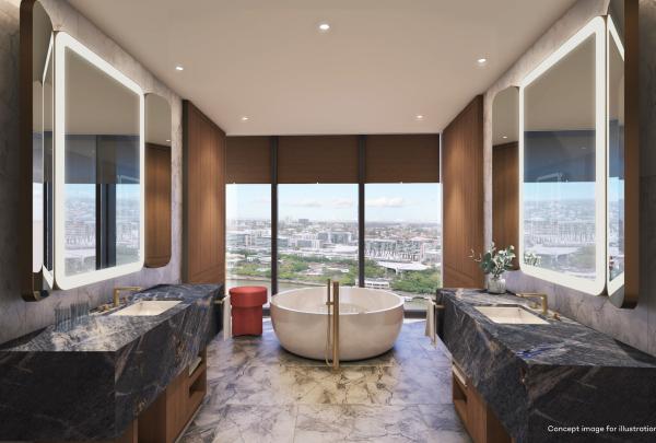 Luxurious bathroom in Skyline Penthouse Suite at The Star Grand, The Star Brisbane, Queensland, featuring twin dark marble vanities, illuminated mirrors, and a deep tub overlooking city views. © The Star Brisbane