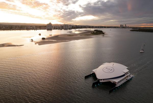 The world's first super yacht entertainment venue cruising along the Gold Coast Broadwater, Queensland © Tourism Australia