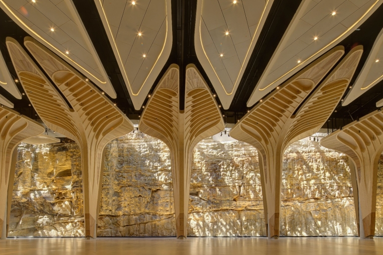 The cultural timber designs and sandstone wall at The Cutaway, Barangaroo, Sydney, New South Wales © ICC Sydney
