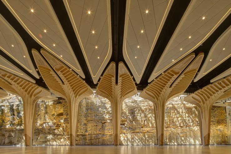 The cultural timber designs and sandstone wall at The Cutaway, Barangaroo, Sydney, New South Wales © ICC Sydney