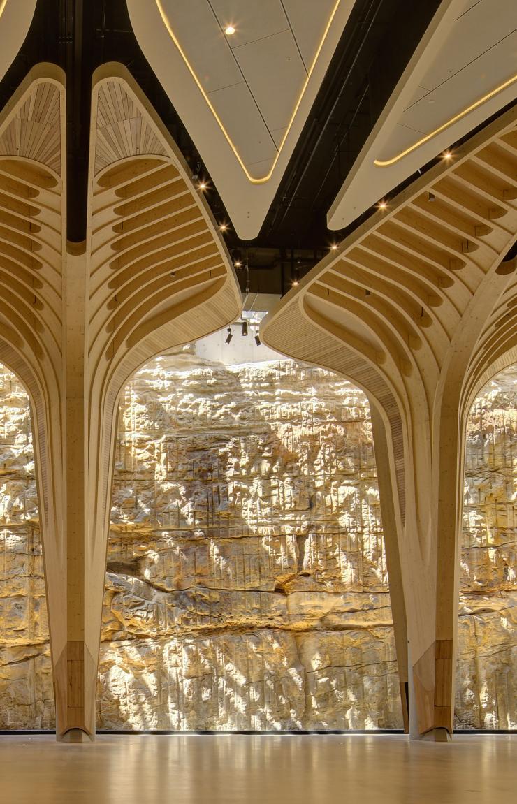 The cultural timber designs and sandstone wall at The Cutaway, Barangaroo, Sydney, New South Wales © ICC Sydney