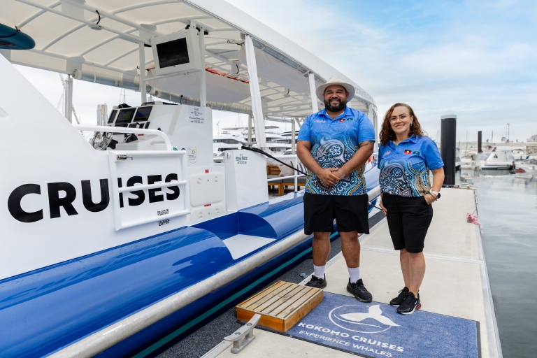 Indigenous guides greet guests onto the Kokomo for the Cruise with Culture experience in the Gold Coast. © Jellurgal Cultural Tours Indigenous guides greet guests onto the Kokomo for the Cruise with Culture experience in the Gold Coast. © Jellurgal Cultural Tours