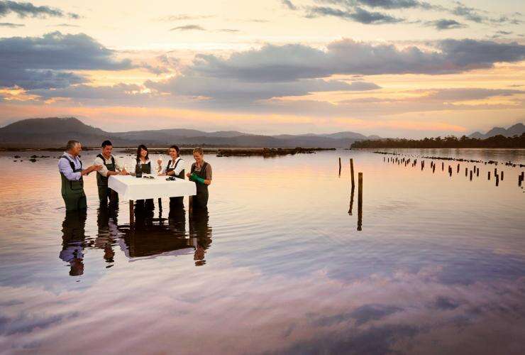 A group stands around a table in the water, wearing waders to experience oyster shucking at Freycinet Marine Oyster Farm at Saffire Freycinet, Coles Bay, Tasmania © Tourism Australia