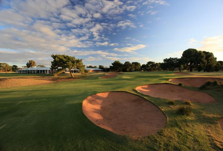 Three bunkers in a row on the green at the Royal Adelaide Golf Course © Royal Adelaide Golf Club