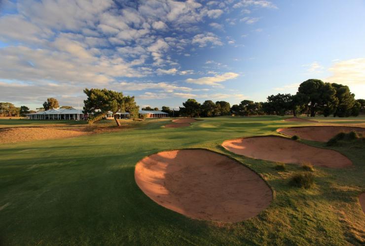 Three bunkers in a row on the green at the Royal Adelaide Golf Course © Royal Adelaide Golf Club Three bunkers in a row on the green at the Royal Adelaide Golf Course © Royal Adelaide Golf Club