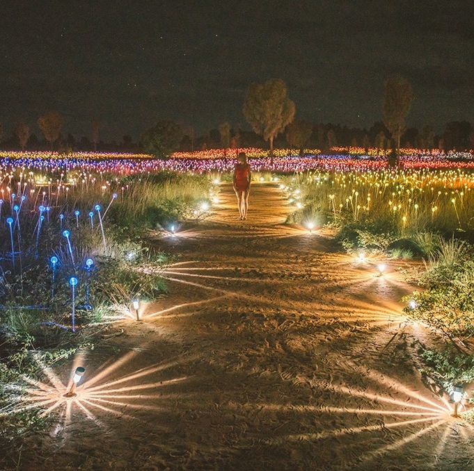 A woman walks through the Field of Light as it illuminates the desert night © Tourism NT/Mitchell Cox