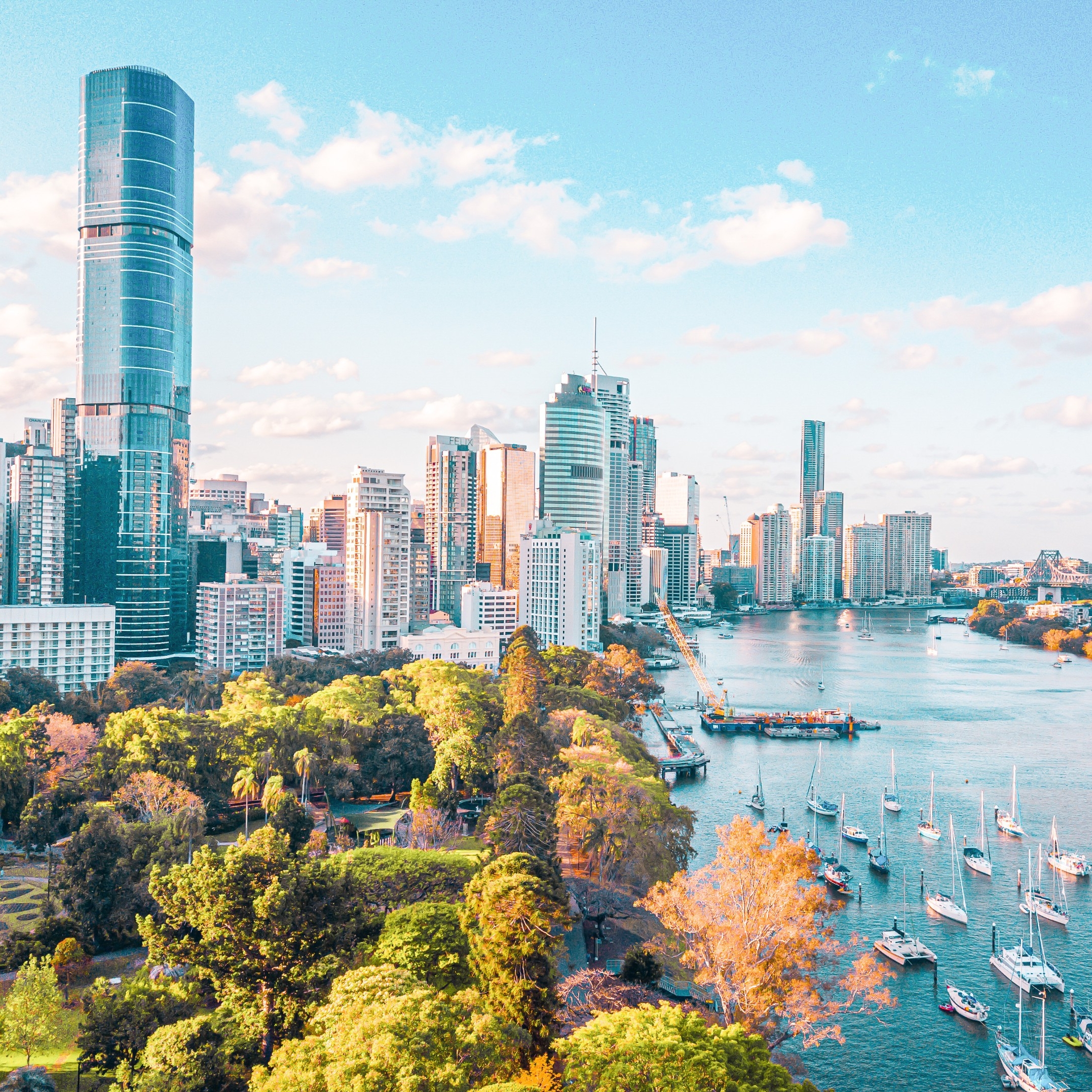 Aerial view of the Botanic Gardens, river and Brisbane City  © Tourism and Events Queensland