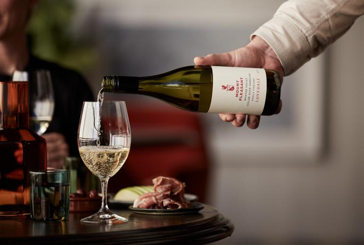A pour of a Mount Pleasant wine from bottle to goblet, Hunter Valley, New South Wales © Mount Pleasant