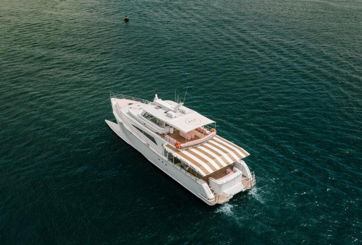 An aerial view of YOT VICE on the water, Queensland © YOT Club