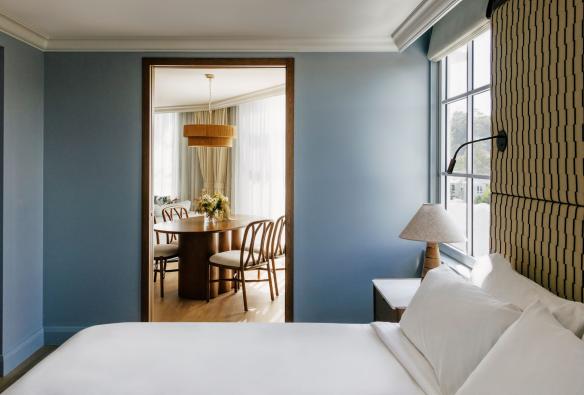 A view from the bedroom to the dining/ lounge area of the one bedroom suite at Elysium Noosa, Noosa, Queensland © Elysium Noosa
