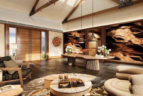 The reception with slate flooring, wood and stone features and comfortable seating, Emirates Wolgan Valley, a Ritz-Carlton Lodge, Blue Mountains, New South Wales © Emirates Wolgan Valley, a Ritz-Carlton Lodge