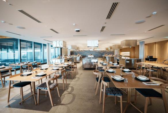 The view across the tables and chairs of the restaurant at the Sydney Fish Market Cooking school, Sydney, New South Wales © Sydney Fish Market