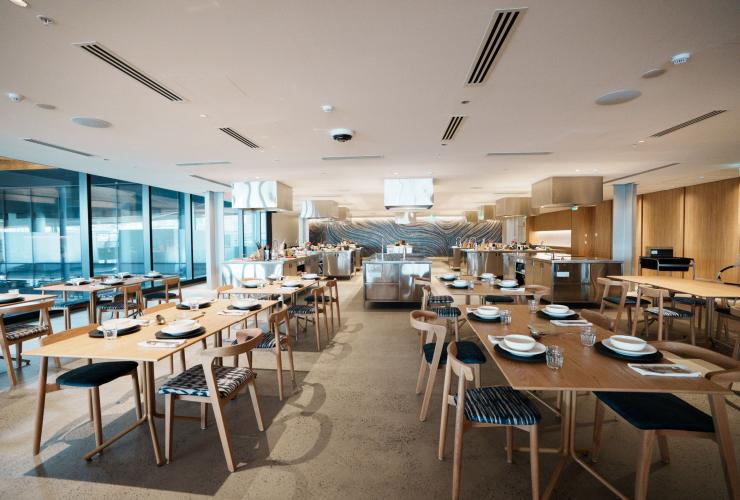 The view across the tables and chairs of the restaurant at the Sydney Fish Market Cooking school, Sydney, New South Wales © Sydney Fish Market