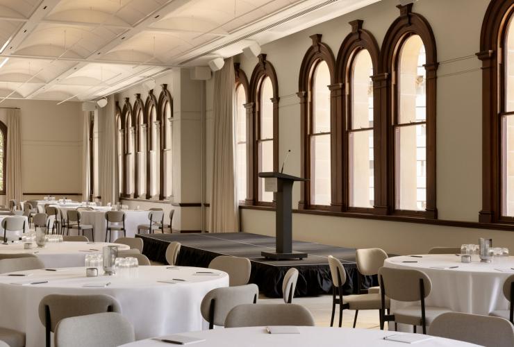 Heritage architecture and table settings, The Lands by Capella, Bridge Street Sydney, New South Wales © Timothy Kaye