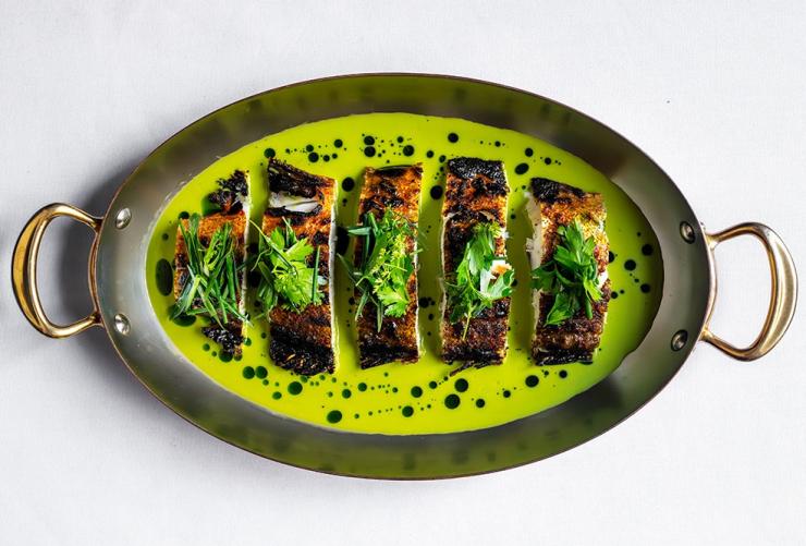 Coal roasted coral trout in a green garlic sauce, Eleven Barrack, Sydney / Warrane, New South Wales © Eleven Barrack