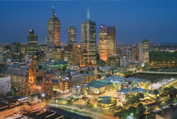An aerial view of Federation Square and Melbourne’s city skyline, Victoria © John Gollings