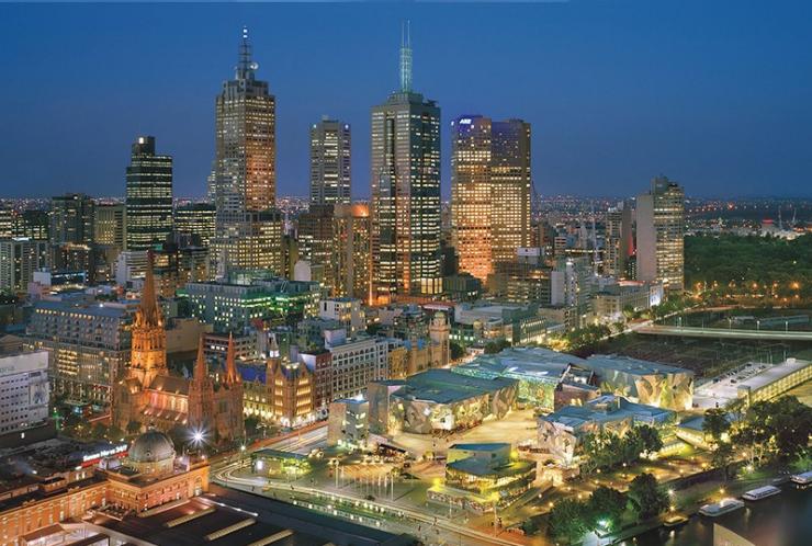 An aerial view of Federation Square and Melbourne’s city skyline, Victoria © John Gollings