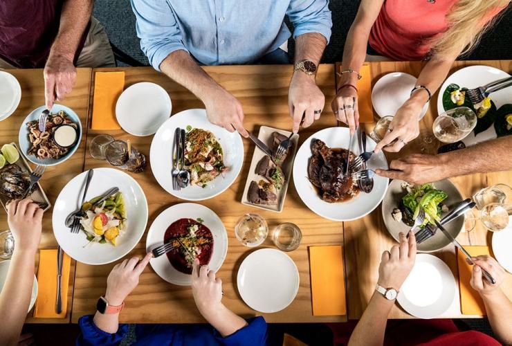 High angle table view of  platters of food in Darwin, Northern Territory © Darwin Gourmet Tour