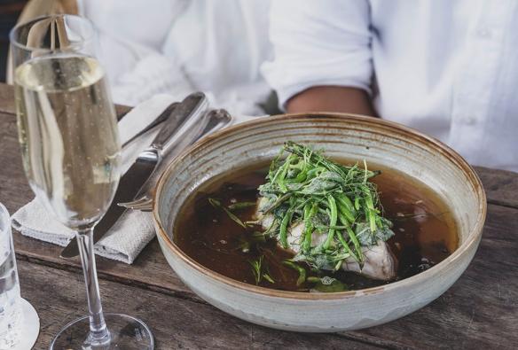 Steamed barramundi in broth with greens, Karkalla on Country, Byron Bay, New South Wales © Karkalla on Country