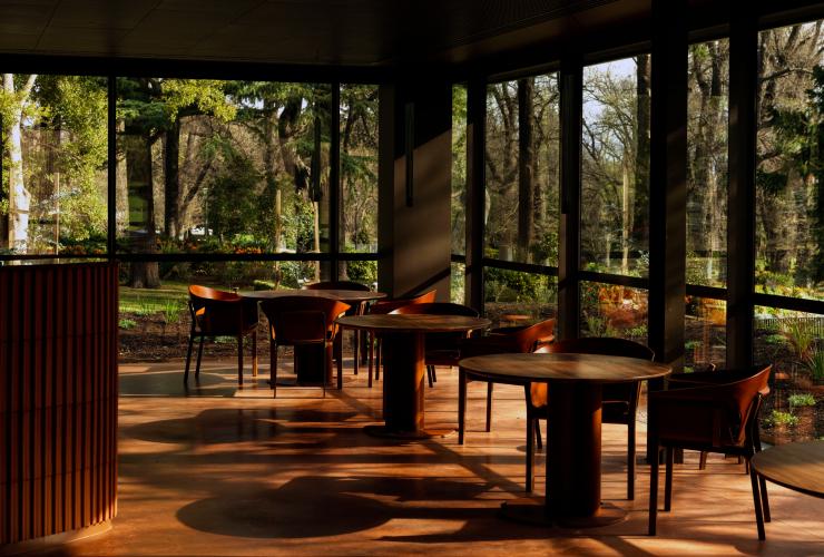 The floor to ceiling windows of Yaiga looking out to the Fitzroy Gardens © Yiaga
