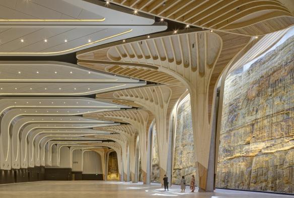 The venue floor of the Cutaway with the cultural timber trees © ICC Sydney