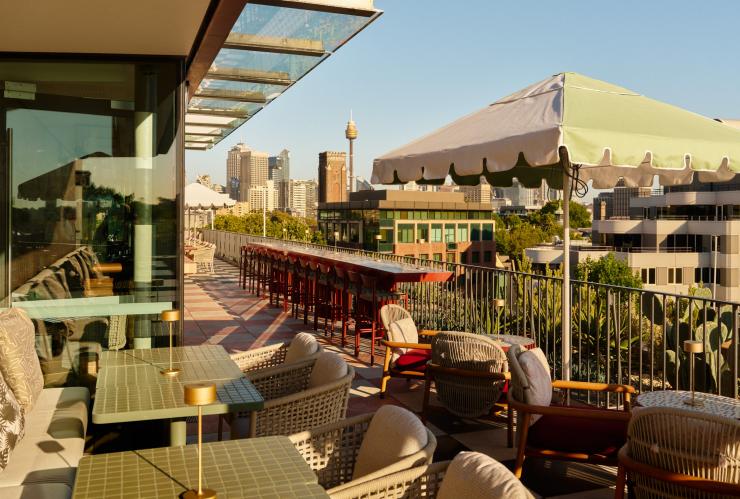 The complete view of the rooftop terrace at Monica with a view of the city. © Steven Woodburn