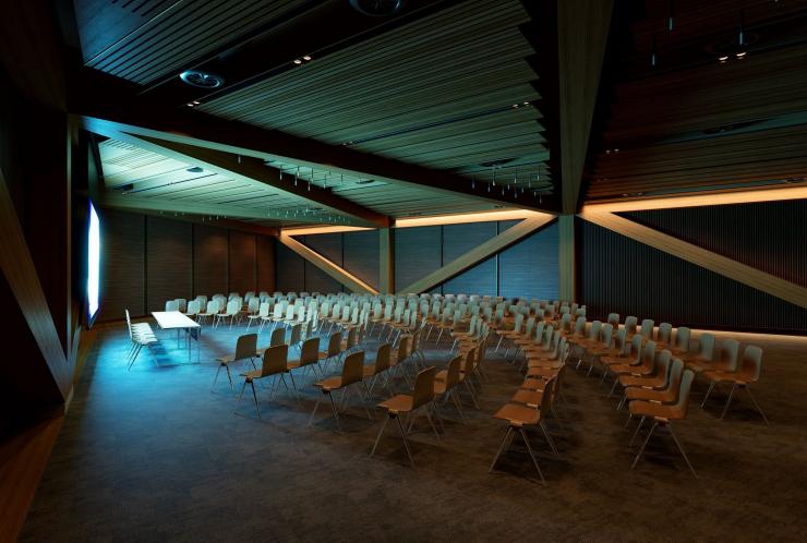 A render of the function room by day with blinds down for presentation © The Tasman