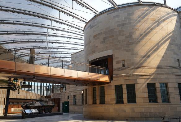 The bronze bridge and expansive glassed roof of the Atrium © Australian War Memorial