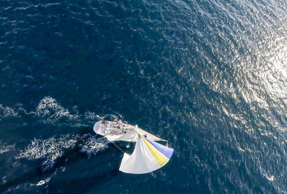 Brindabella sailing with the spinnaker and group on board sailing into the sunlight on the ocean.  © Brindabella Sailing